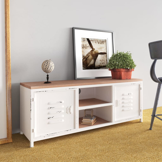 Tv-bänk vit 110x30x40 cm järn och massivt granträ