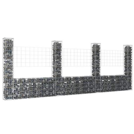 U-formad gabionkorg med 4 stolpar järn 380x20x150 cm